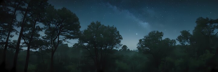 Mysterious Night Nature Scene with Moonlight, Mist, Stars, Forest Atmosphere, Cinematic Mood, Realistic Landscape Art