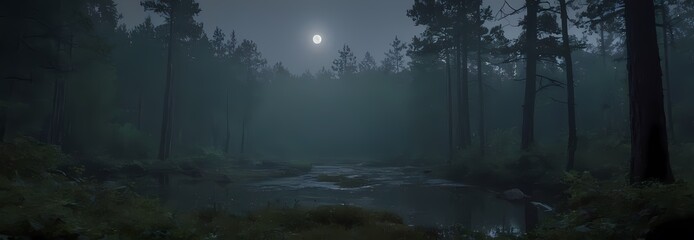 Fototapeta premium Mysterious Night Nature Scene with Moonlight, Mist, Stars, Forest Atmosphere, Cinematic Mood, Realistic Landscape Art