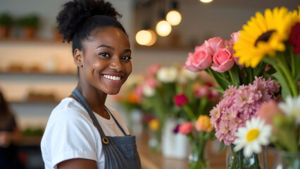 Portrait of smiling black woman florist in grey apron in flower shop, small business, entrepreneurship and floral design concept