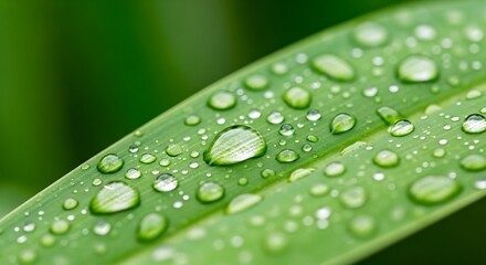 Close-up view of water droplets on a green leaf after rain in a lush garden during the morning hours