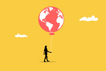 Business woman hanging balloon with the symbol of the world map floats higher. concept of inflation, interest rate, floating interest, and economic crisis