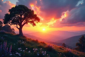 A serene landscape at sunrise, symbolizing hope and new beginnings in the Christian faith Perfect for illustrating themes of faith, peace, and spiritual renewal , serenity, calm