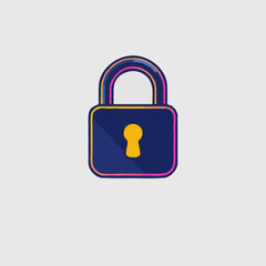 Flat design padlock icon in vibrant blue, pink, orange, and yellow depicting security or privacy on a light grey textured background with spaces for text