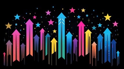 Obraz premium Colorful arrows and stars ascending against a dark background