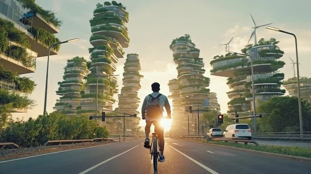 A man modern, eco-conscious jacket minimalist backpack bamboo fiber helmet rides bicycle green, sustainable smart city vertical gardens, solar panels electric transport, projecting hopeful future - Powered by Adobe