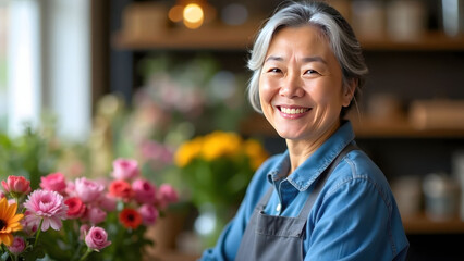 Portrait of smiling mature asian florist in denim shirt and grey apron arranging in flower boutique, creative entrepreneurship and floristry art concept
