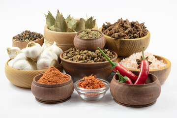 Condiments and spices, coffee close-up isolated on white background.