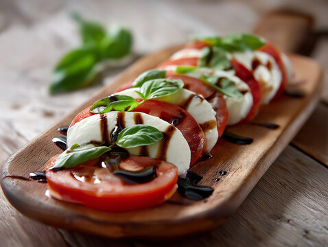 realistic food photography of Caprese salad with fresh tomato slices, delicate mozzarella cheese, aromatic basil leaves, drizzled with balsamic reduction and olive oil, arranged on a rustic wooden boa