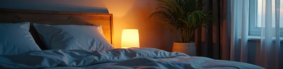 A serene bedroom scene featuring a stylish bedside lamp illuminating a tranquil space, promoting relaxation and rest Soft light casts gentle shadows on the nightstand , modern, atmosphere, peaceful