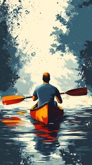 From behind, a man rows a vibrant canoe across the lake during an adventurous day