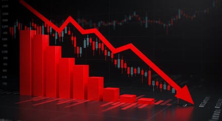 Fototapeta premium Red bar chart showing a sharp decline, with red arrow pointing downward
