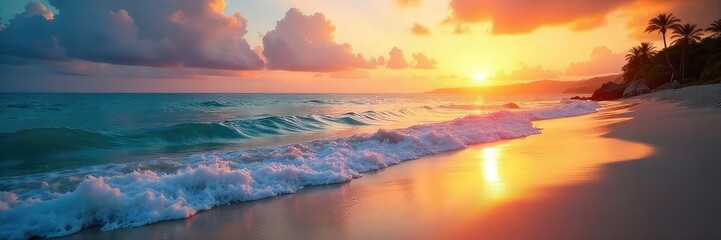 A serene beach scene at sunset, gentle waves lapping the shore, creating a peaceful and joyful atmosphere Perfect for relaxation, vacation, and happiness themes , mindfulness, happy
