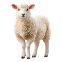 Fototapeta premium Young Sheep with Fluffy White Wool Standing on Green Grass in Clear Natural Environment