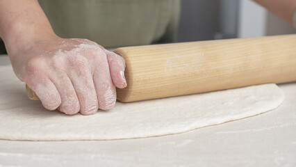 Hands Shaping the dough into ball by hand. chef Preparing the dough for baking pizza bread in the restaurant, baking