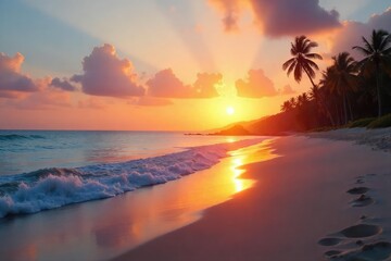 A serene beach scene at sunset, embodying a calm and peaceful lifestyle, reflecting inner tranquility and emotional wellbeing , harmony, beach