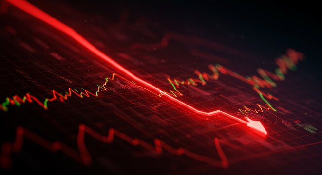 Red downward arrow chart shows financial decline over time, with green and white data lines