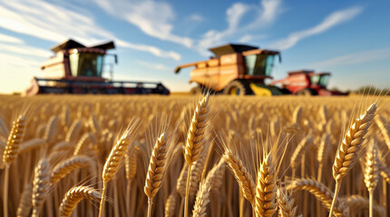 Fototapeta premium Wheat Field at Harvest Time - A golden wheat field in the Midwest United States during harvest, blue sky