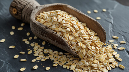 Oats in a Wooden Scoop - Close-up of raw rolled oats in a wooden scoop on a dark slate background, with some oats scattered around, rustic and natural texture focus.