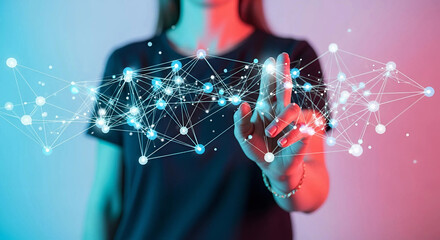 A woman touches a network interface connected to her hand, symbolizing technology and human interaction, Generative AI.