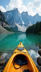 A scenic vista unfolds as a kayak rests on a lakeshore hiking trail, surrounded by lush greenery and towering mountains Perfect for adventure, travel, and nature-themed projects , clouds, boating