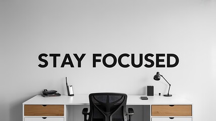 A minimalist workspace with a desk chair and the words stay focused on the wall