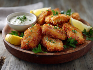 food photography of crispy breaded mini chicken schnitzels, golden brown, served on a rustic wooden plate, garnished with fresh parsley and lemon wedges, accompanied by a small bowl of dipping sauce, 