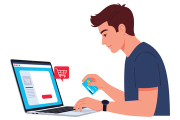 Man Engaged in Online Shopping with Credit Card at Laptop for Ecommerce Experience