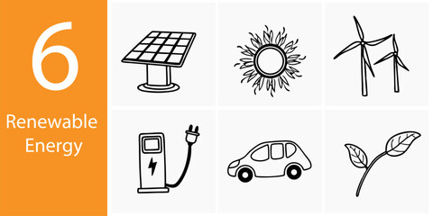 World Environment Day Renewable Energy Icons – 6 Steps to a Cleaner Planet Vector Illustration Set