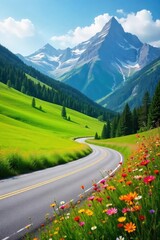 A scenic roadside view with vibrant wildflowers blooming in the foreground, a lush green meadow stretching towards a distant mountain range under a bright summer sky , view, blossoms, road trip