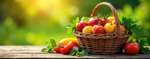 A rustic woven basket overflowing with fresh, ripe fruits and vegetables sits on a sun-drenched wooden table, embodying a bountiful harvest and simple country life , simple, spring