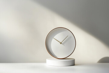 A minimalist analog clock stands on a white surface, indicating time and the importance of respecting time.