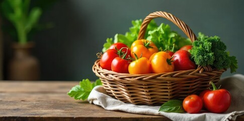 A rustic woven basket overflowing with fresh produce, nestled amongst cozy home textiles on a wooden table, embodying the warmth of home-cooked meals and simple pleasures , cozy home, blanket