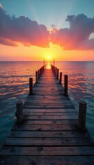 A rustic wooden pier stretches out over calm, blue water, bathed in the warm glow of sunset Ideal for travel, vacation, or coastal themed projects Serene and tranquil scene , sea, landscape, peaceful