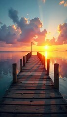 A rustic wooden pier stretches out over calm, blue water, bathed in the warm glow of sunset Ideal for travel, vacation, or coastal themed projects Serene and tranquil scene , waves, golden hour