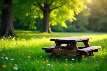 A rustic wooden picnic table sits in a sun-dappled meadow, surrounded by lush green grass and wildflowers, perfect for a relaxing outdoor meal , outdoor, organic