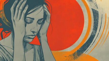 A woman holds her hands to her head as if in pain, her eyes closed. Tension Contained. Illustration