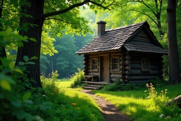 A rustic wooden hut nestled amongst lush green foliage, sunlight dappling through the leaves Perfect for nature, cabin, rustic, and wilderness themes , quiet, relaxation, foliage