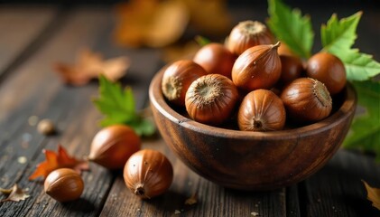 A rustic wooden bowl overflowing with beech nuts, their smooth brown shells gleaming under soft lighting, alongside some fallen beech leaves , woodland, high-angle shot