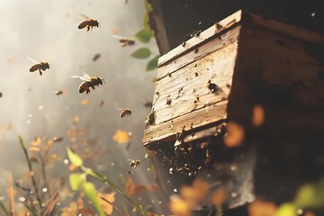 Honeybees fly around a weathered wooden hive in a sunlit natural autumn environment