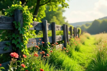 A rustic wooden fence with overgrown ivy, wildflowers blooming nearby, and a sun-drenched meadow in the background; evoking a sense of tranquility and natural beauty , countryside, tranquil
