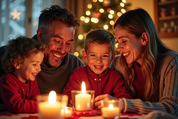  Family with joyful mood celebrating holiday against warm lit Christmas tree background