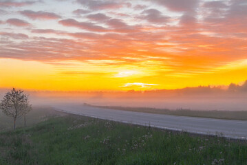 A glowing golden sunrise lights up a foggy rural road with trees silhouetted against the mist and a vivid yellow-orange sky.