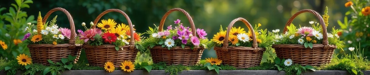 A rustic scene featuring various sizes and styles of gathering baskets overflowing with freshly picked wildflowers and lush greenery, ready for harvest , old, outdoor