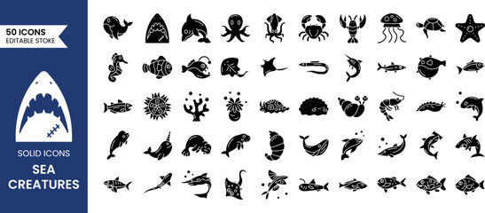 Obraz premium Sea Animal icon set. Vector solid icons collection. Vector illustration