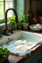 A rustic farmhouse kitchen sink overflowing with bubbly, fragrant soap, surrounded by vintage dishware and fresh herbs, creating a scene of homely cleanliness and natural ingredients , hygiene, mint