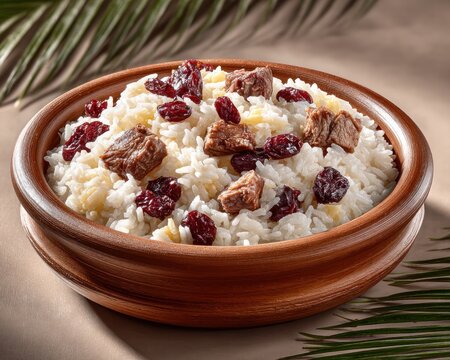 Enjoy a hearty dish of baio de dois featuring rice, beans, sun-dried beef, and queijo coalho in soft sunlight
