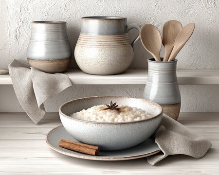 Creamy arroz doce sits on a shelf, garnished with a cinnamon stick and anise in soft morning light