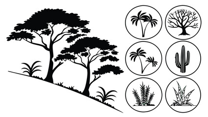 Outlined Tree and Plant Icon Set – Diverse Vegetation and Nature Symbols