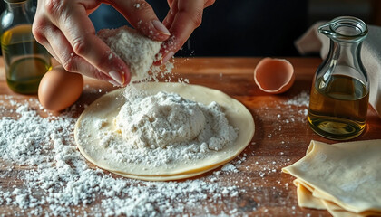 Baker sprinkles thinly rolled dough with flour. Process of making homemade pasta. Baker's hands close-up