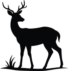 Obraz premium Elegant Black Silhouette of a Buck Deer with Antlers Grazing on Grass, Isolated on White Background 